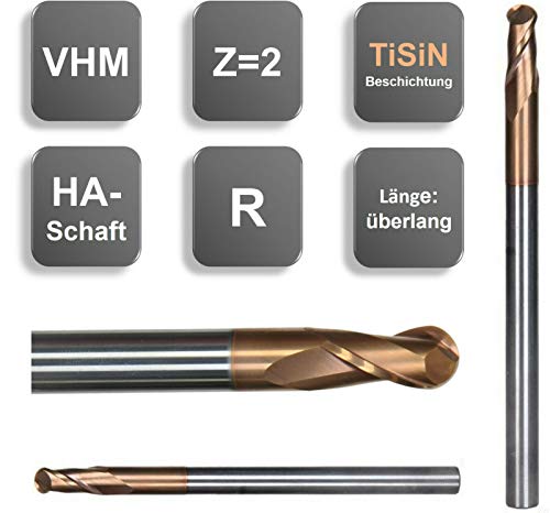 VHM Radiusfräser, überlang, extralang Ø 3/4/ 6/8/ 10/12 mm, Z=2, beschichtet, Größe: 10R5 x 20 x 100 mm