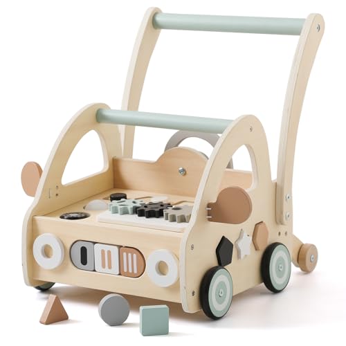 Lauflernwagen Holz, Multifunktion Montessori Spielzeug mit Formensortierung Spielbrett, Lauflernhilfe Baby ab 6 monate Baby Walker mit Rädern & Bauklötzen Geschenk für 1 Jährige Jungen und Mädchen