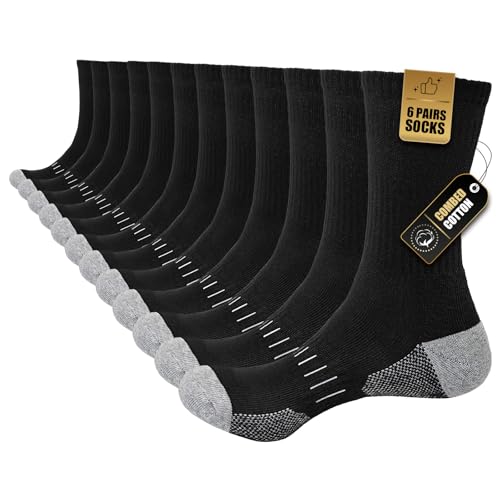 Stoeury 6 Paar Sportsocken Herren Damen, Gepolsterte Tennissocken Herren, Baumwolle Arbeitssocken Herren, Atmungsaktiv Crew Wandersocken, Laufsocken, Trekkingsocken