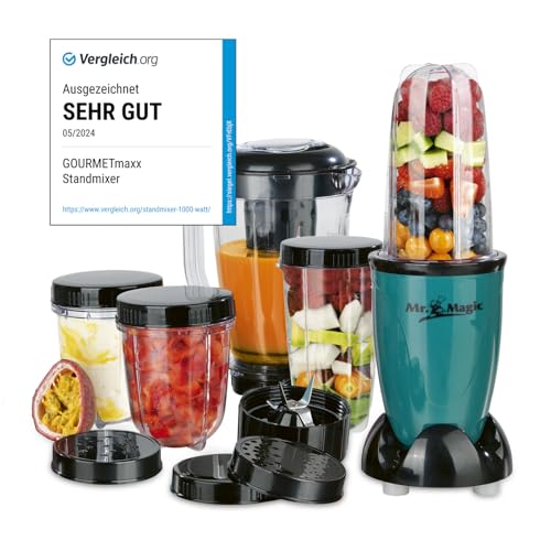 GOURMETmaxx Smoothie Maker & Standmixer 18tlg. Set - 400W | Elektrischer Blender 750ml, Mixer inkl. 4 To-Go Becher, 2 Klingen, Entsafter, Stößel & Deckel | Spülmaschinenfest, auslaufsicher & BPA frei