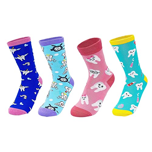 YOUYA DENTAL Lustige Zahnsocken, 4 Paar, lustige Zahnsocken, verrückte Socken, alberne Socken, Geschenk für Mädchen und Frauen, 4 Paar Zahnsocken -C, 37.5-42 EU