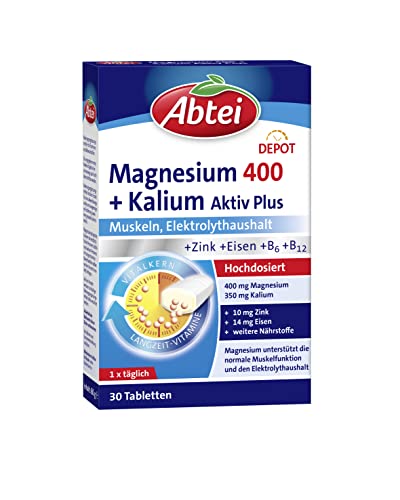 Abtei Magnesium 400 + Kalium Aktiv Plus - hochdosiert, für aktive Muskeln und den Elektrolythaushalt - mit Depot-Effekt - vegan - 30 Tabletten