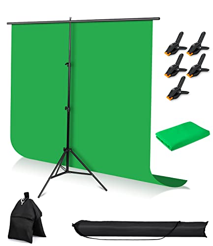 Greenscreen Hintergrund mit Ständer,1.5 x 2 m Greenscreen mit 2 x 2M Verstellbarer Fotografie Hintergrund Ständer,5 Klemmen und Sandsack für Streaming-Gaming-Fotoshooting Produkt Video Fotografie