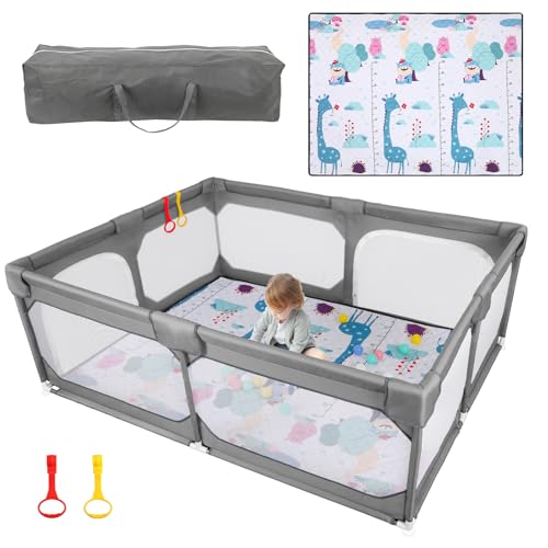 JINXIA Laufstall Baby 190x150cm,Laufgitter Baby für Babys mit weichem, atmungsaktivem Netzgewebe, zusammenklappbarer, klettersicherer und sturzsicherer,Große Sicherheitsspielplatz,Grau