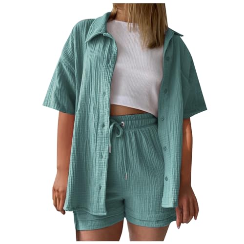 Summer Zweiteiler Damen Musselin Bluse Set, Elegant Leinen Bluse Hemd Und Shorts Einfarbig Lounge Set Strand Y2k Clothes Baumwolle Sportanzug Oversize Freizeitanzug Kurzarm Hausanzug Outfits A