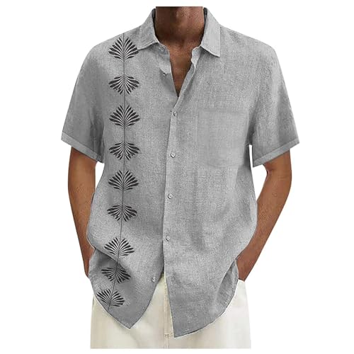 Generisch Herren Sommerhemd Baumwolle Leinen Kurzarm Hemd Henley-Kragen Lässiges Regular Fit Shirts Leinenhemd Mittelalter Grau Atmungsaktiv, Nicht stickig