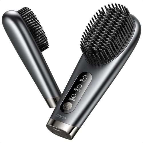 llano Kabellose Glättbürste Mini Haarglätter BürsteTragbarer Haarglätter für Anwendung unterwegs, 3 MCH Heiztechnologie (Dunkelgrau)