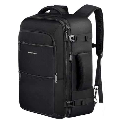 Vancropak Handgepäck Rucksack Herren, Easyjet Handgepäck 45x36x20 Reiserucksack Handgepäck Flugzeug, Reisetasche Handgepäck Erweiterbar Travel Backpack für Damen Weekender Business Arbeit, Schwarz