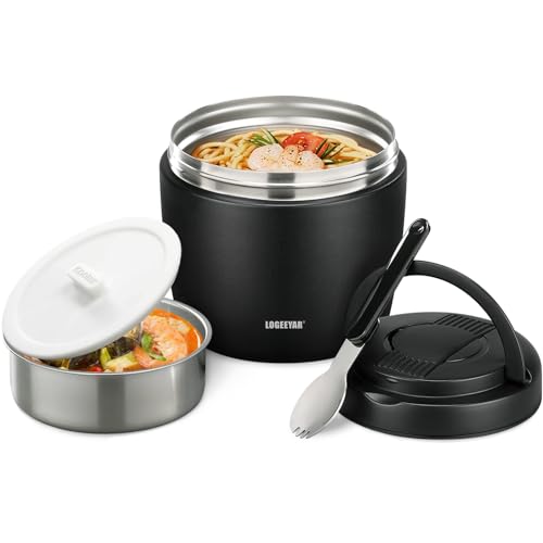 Thermobehälter für Essen 970ml, Thermoschüssel mit Deckel, Warmhaltebehälter aus Edelstahl mit Löffel, Thermoskanne Essen Auslaufsicher, Thermo Lunchbox für Suppen, Babybrei, Porridge (Schwarz)