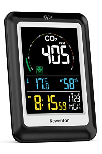 Newentor CO2 Messgerät, 4 CO2-Konzentrationsstufen mit Alarm und Lüftungsempfehlungen, Batteriebetrieb & USB-Anschluss mit 3 Helligkeitsstufen, geeignet für Kindergarten, Büro, Wohnzimmer, NDIR