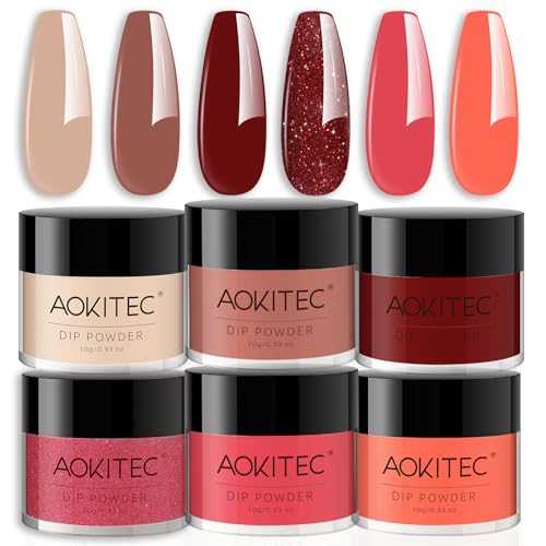 Aokitec 6 Farben Dipping Powder, Nail Dipping Powder für Nail Starters, Nagelpulver für Dip Nail Art DIY French Nails, Einfach zu verwenden, Keine Nagellampe nötig, Rot Pink Farben