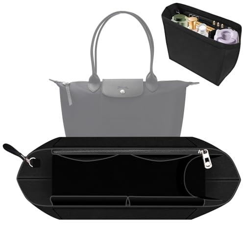 PlayDen Organizer für Longchamp, Taschenorganizer für Longchamp, Taschen Organizer für Longchamp Tasche Damen, Filz Taschen Organizer Einsatz Handtaschen Organizer mit Griff, L-Größe, Schwarz