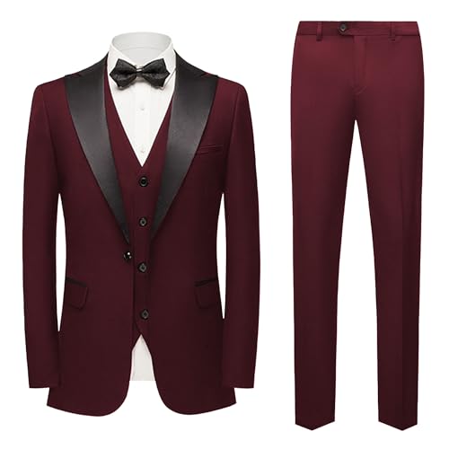 Herren 3 Stück Formale Anzug Set Peak Revers Slim Fit Stilvoller Smoking Anzug Hochzeit Prom Bankett Blazer Weste Hose (Rot,S)