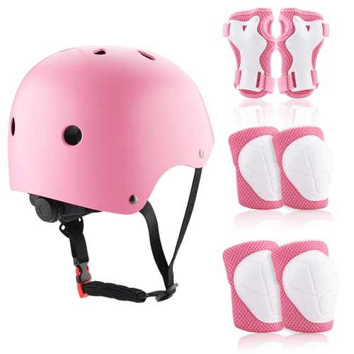 ZWOOS Kinder Knieschoner Set mit Helm, Inliner Schutzausrüstung Kinder 3-10 Jahre, Knieschützer Kinder, Knie Und Ellenbogenschützer Kinder für Inliner Skateboard Fahrrad Rollschuh (Rosa)