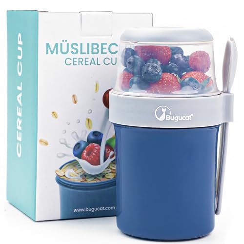 Bugucat 2in1 Müslibecher to Go 560ml+310ml, Praktischer Joghurtbecher & Müslibecher Kinder, Auslaufsicherer Lunchpot Joghurtbecher to Go mit Löffel, Salatbecher Yoghurt to Go mit Löffel, Blau