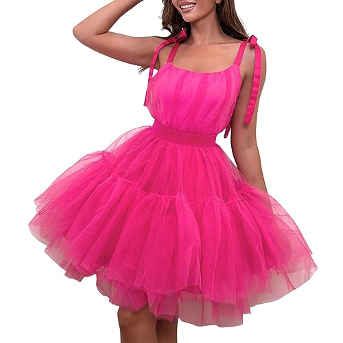 Tüllkleid Damen Kurzes, geschwollenes Abschlussballkleid Trägerloses Netz Geburtstagsfeenkleider Rüschen Cocktailparty Poofy Gown Fotoshooting Kleid Damen Elegant Sexy Sommerkleid (0928A-Hot Pink, M)