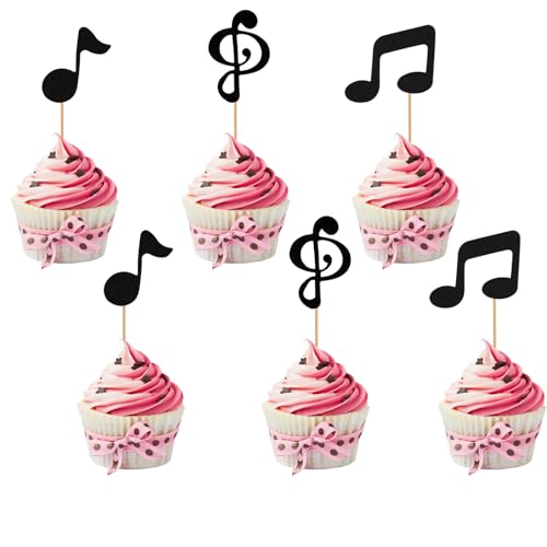 BLMHTWO 24 Stück Music Notes Cupcake Toppers, schwarz Musiknoten Ausschnitte Tortendeko Notenschlüssel Tortendeko für Geburtstag, Party, Hochzeit