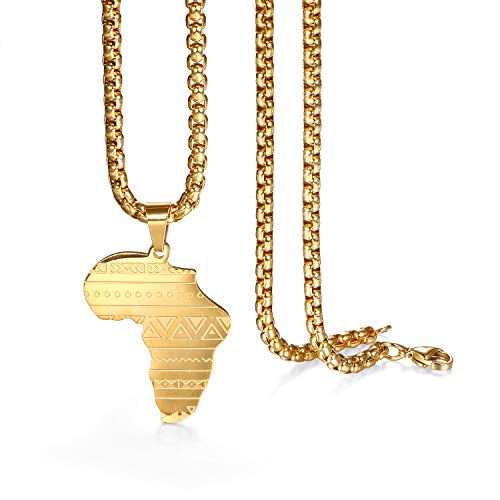 Flongo Herren-Kette Männer Anhänger mit Afrika Landkarte aus Edelstahl Halskette Kette Gold Biker Herren-Accessoires