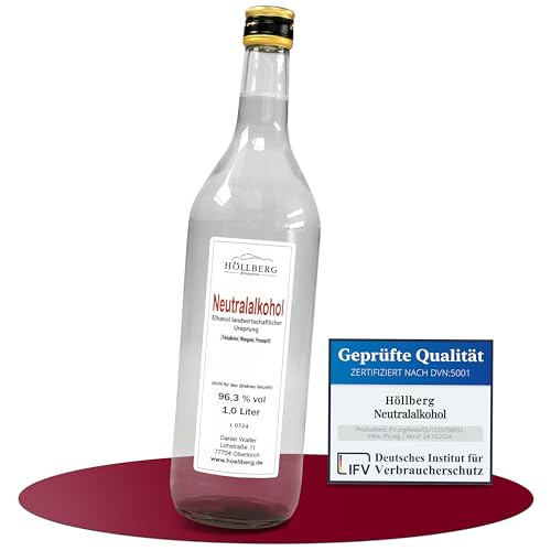 Höllberg® Neutralalkohol Weingeist Primasprit Ethanol 96,3% – Reiner Alkohol & Spiritus 1L – Trinkalkohol, Alcohol, Alko