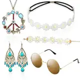 Hippie Kostüm Set mit Sonnenbrille, Schlagermove, 5 Stück Hippie Kleidung Damen Herren Accessoires, 60er 70er Jahre Bekleidung, Abba Kostüm - Friedenszeichen Halskette Und Ohrring, Schlagerparty