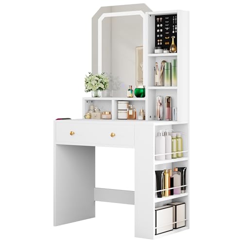 YITAHOME Schminktisch mit LED-Beleuchtung,Klein Frisiertisch,3 Farben mit Einstellbarer Helligkeit,Kosmetiktisch mit Schubladen für Schlafzimmer und Ankleidezimmer, weiß