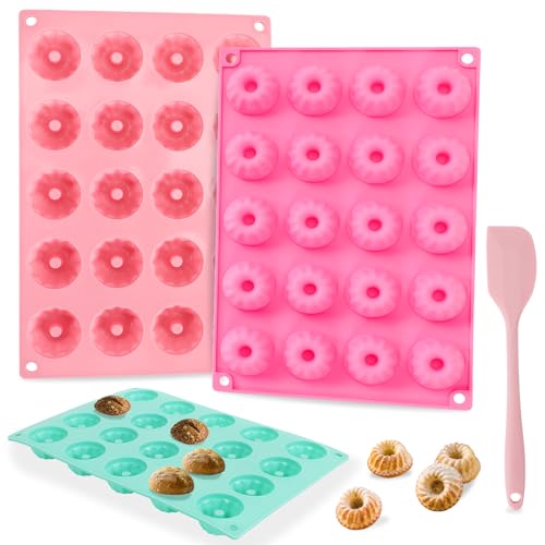 LOUFOGEI 3 Stück Mini Gugelhupfform Silikon, Wiederverwendbar Paris Savarin Stil Silikonform Mini Gugelhupf, 20 Raster, Leicht zu Entformen, 30x20x2.3cm Mini Gugelhupf Backform (3 Farben)