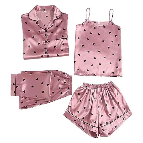 Unterkleid Damen Sexy Satin-Nachtwäsche-Set für Damen, 4-teilig, Heimkostüm, Pyjama-Set, Dessous, unbekleidete Nachtwäsche Damen Schlafanzüge Schlafanzug Damen Frottee (Watermelon Red, S)