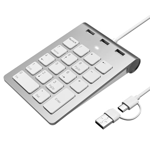 Suejezt Numeric Keypad Wired Numpad, USB A/USB C Ziffernblock Ergonomischer Mini Nummernblock mit 3 USB 2.0 Ports, 18 Tasten, Office Rechennummernblöcke für Laptop, Notebook, Desktop, Computer, PC