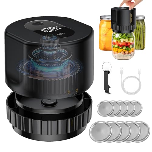 Euakee Elektrisches Mason Jar Vacuum Sealer Kit, Jar Vacuum Sealer für Mason Jars mit breiter und normaler Öffnung, Auto Stop Vacuum Sealer für Gläser Weinflasche, Vakuumbeutel Behälter, Schwarz