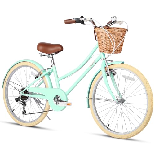 Glerc 24" Mädchen Cruiser Bike 6-Gang Cruiser Women's Hybird Fahrrad für Alter 7 8 9 10 11 Jahre alt mit Weidenkorb. Leichter Rahmen und Gabel, Mintgrün