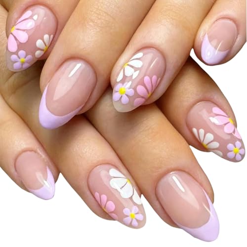 Yeomju 24 Stück Kurze Press On Nails Mandel Falsche Nägel Französischer Press On Farbenfroh Daisy Blumen Akryl Nägel Nüde Rosa Ovale Florale Nägel Für Frauen Mädchen