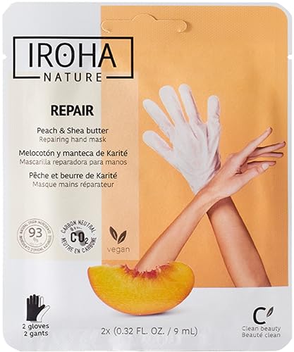 Iroha Nature - Reparierende handmaske handschuhe | Pfirsich und Sheabutter | Hydratation und Reparatur für beschädigte und rissige Hände | Vegan und 93% natürliche Inhaltsstoffe | Sachet 20ml 2 Stk.