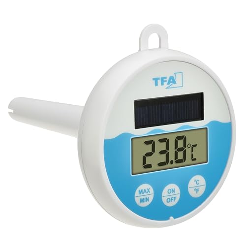 TFA Dostmann Digitales Poolthermometer mit Solarenergie, 30.1068.02, schwimmend im Wasser, für Pool/Teich/Schwimmbad/Whirlpool geeignet, mit Befestigungsleine (1m), Solarbetrieben, weiß-blau