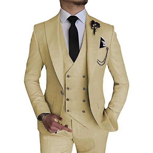 Herren 3 Stück Double Breasted Anzug Slim Fit Business Bräutigam Smoking Anzüge Formaler Anzug für Hochzeit Prom Dinner Party (Champagner,XS)