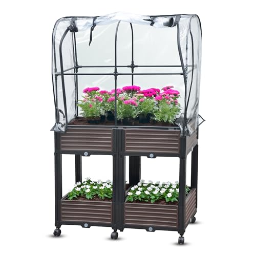 Gartenwelt Riegelsberger Hochbeet mit 2 Ebenen und Frühbeet auf Rädern 82x41xH135 cm Foliengewächshaus für Garten