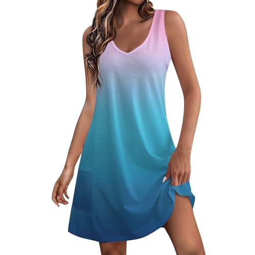 Sommerkleider Damen Leicht Ärmellos Tank Kleid Luftig V Ausschnitt Swing Kleider A Linie Minikleid Lässige Strandkleid Böhmisch Blumenkleid Freizeitkleid Vintage Tunikakleid (A15 Blue,3XL)