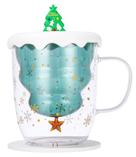 Xaosin Weihnachtstasse Doppelwandige Weihnachtsgläser Groß 300 ml Kaffee Tasse Teegläser Glühweintassen mit Weihnachtsbaum-Deckel Weihnachtsbecher mit Untersetzer Christmas Mug für Damen Männer