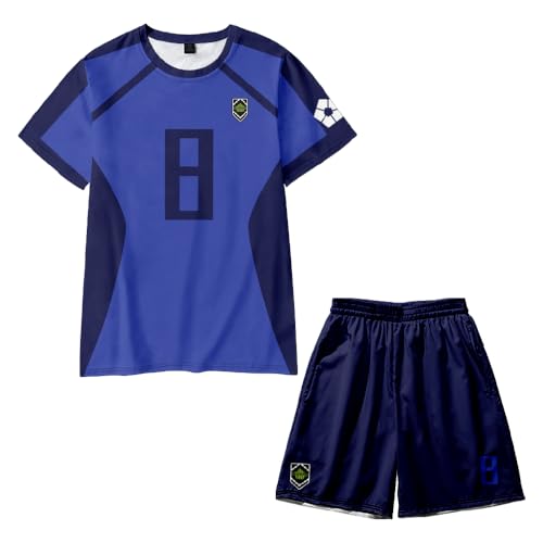 Homidam Unisex Sommer Cosplay Anime Blue Lock T-shirt und Shorts Zweiteilige Sets Trainingsanzug Outfits(Blue 8 Bachira,M)