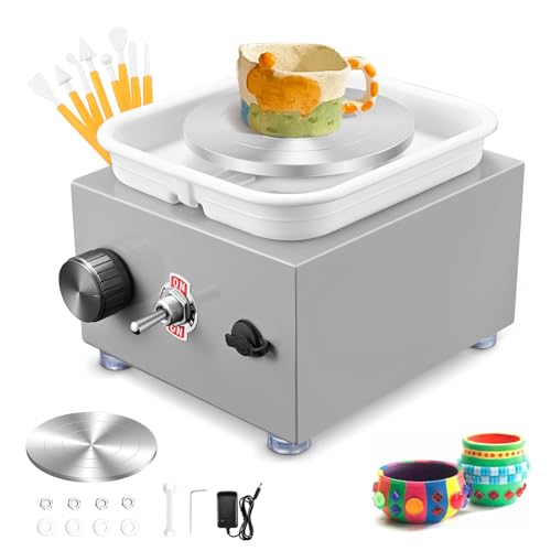 Couleeur Mini Elektrisch Töpfermaschine, 2000RPM 10/6.5CM Einstellbare Geschwindigkeit Metall-Drehteller Mini Töpferscheibe mit Tonformwerkzeug Geliefert und ABS-Becken für Töpfer-Heimwerker (Grau)