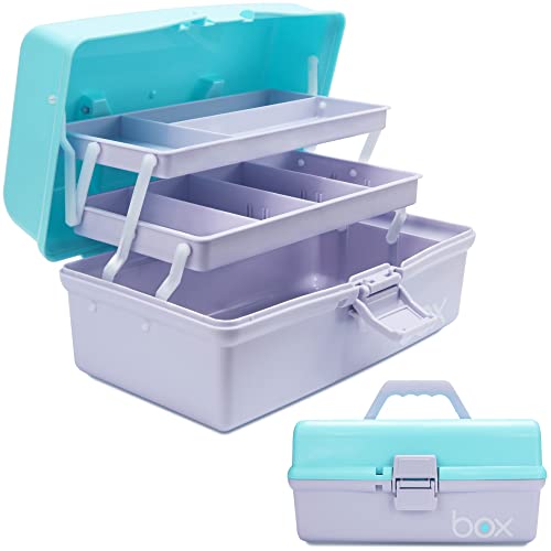 Creahaus 30,5cm 3-Regal Mehrzweck-Aufbewahrungsbox, Sortierbox, Organizer Box, Bastelbox, Nähkasten, Medizinkoffer, Toolbox, Angelkoffer mit 2 Regalen (Blau Lila)