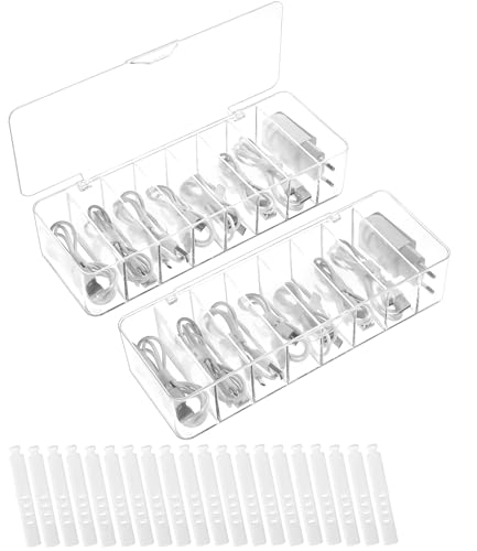 Toaren 2 Stück Transparenter Kabel Aufbewahrungsbox 8 Fächer,Transparent Kabel Organizer Box,Cable Management Box,Ladekabel Aufbewahrung für Büro,Zuhause,Schreibtisch mit 20 Kabelbindern