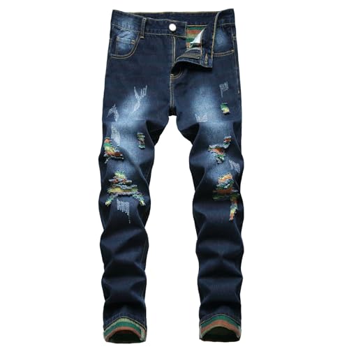 QWUVEDS Herrenmode, lässig, modisch, zerrissen, gerade Passform, Regenbogen-Jeans Jean Männer (Dark Blue, XXXL)