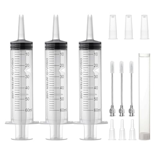 3 Stück Spritzen 60ml, Große Plastikspritze 60ml Wiederverwendbare mit Edelstahl-Zubehör, Kunststoffspritze für Pflanzenbewässerung, Tierfütterung, Labore, Wissenschaftliche (60ml 3PCS)