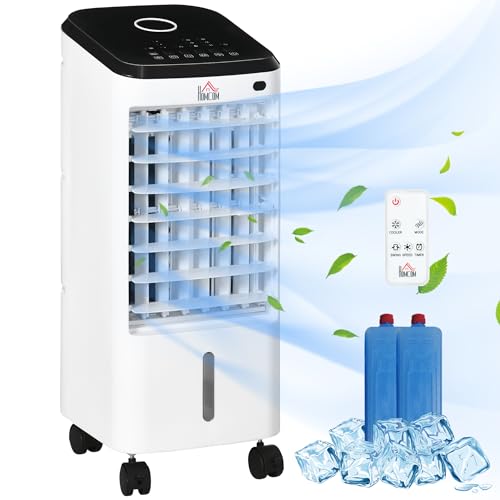 HOMCOM 3 in 1 Mobile Luftkühler mit Wasserkühlung und Luftbefeuchtung 3,5L Wassertank 60°oszillierendes Ventilator ohne Abluftschlauch mit 12h Timer, Fernbedienung, LCD-Anzeige, für 16 ㎡