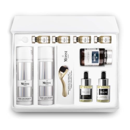 The Mossi London 2 Monate Set nach Haartransplantation, 4x Kopfhautserum für Haarwachstum, 3x Haarausfall-Shampoo, 1x Haarvitamintabletten, 2x Haaröl für trockene Kopfhaut, hilft Haarwachstum für