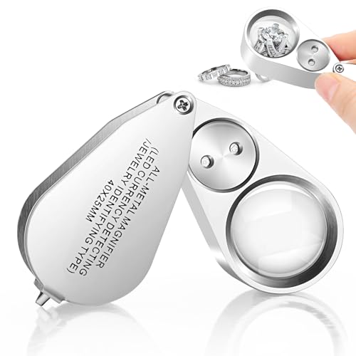 VMUTGA Juwelier Lupe, 40X Vergrößerung, Metall Faltlupe mit LED/UV Licht, Juwelierslupe Vergrößerungsglas für Enge Arbeit, Diamanten, Edelsteine, Briefmarken, Rocks, Münzen