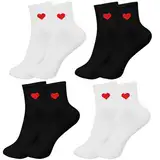 ZYKORT 4 Paar Damensocken mit Rot Herzen, Sportsocken Damen Frau aus Baumwolle, Sport Socken Damen (Schwarz + Weiß)