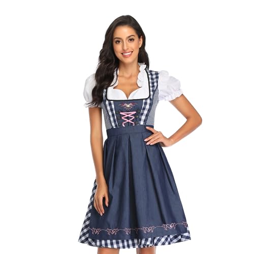 Odizli Dirndl Damen Midi Kurzarm Weiß Blusen Dirndlbluse Trachtenbluse + Schürze Dirndlschürze + Knielang Trachtenrock Maid Outfit Kurz Trachtenkleid Oktoberfest Kleidung Grosse Grössen Denim Blau M