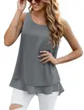 YGJIEGENG Tank Top Damen Chiffon Top Sommer Ärmellose T Shirts Elegant Oberteile Lässig Rundhals Flowy Grau L