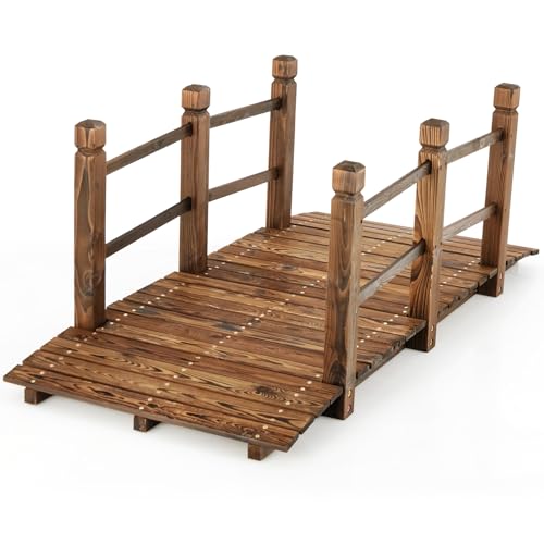COSTWAY Holzbrücke Gartenbrücke, Teichbrücke mit Geländern, Zierbrücke bis 180 kg belastbar, Brücke aus massivem Tannenholz, Dekobrücke für Garten Teich Außenbereich, 150 x 67 x 55 cm (Braun)